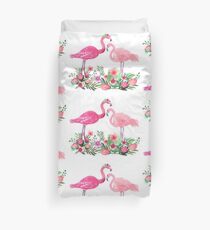 Pink Flamingo Watercolor painting with Protea, Hibiscus and Palms Duvet Cover