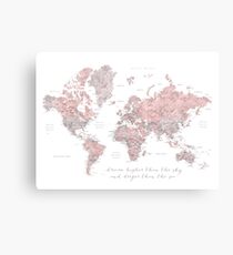 Inspirierende Aquarellweltkarte mit Städten in staubigem Rosa und Grau Leinwanddruck