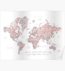 Inspirational watercolor world map with cities in dusty pink and grey Poster