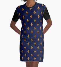 Blue & Orange Fleur-de-Lis Pattern Graphic T-Shirt Dress