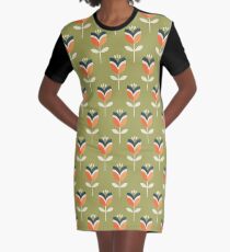 Retro Tulpe - Orange und Olivgrün T-Shirt Kleid