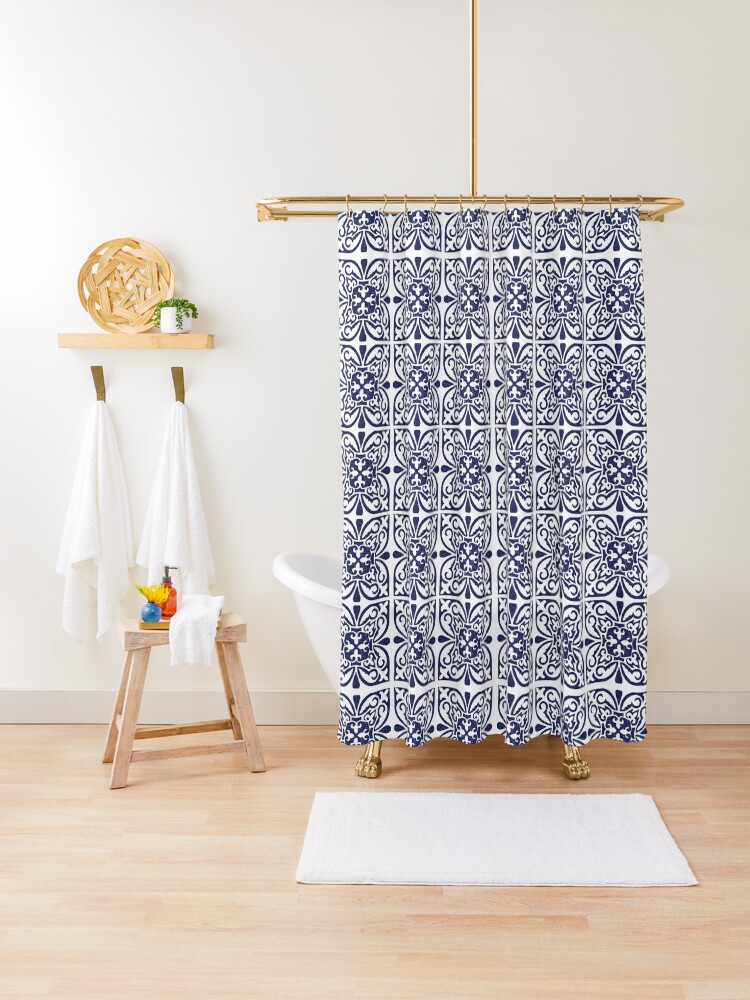 Indigo Navy Blue White Moroccan Trellis Lattice Pattern Shower
