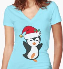 Cute Christmas Penguin Women's Fitted V-Neck T-Shirt