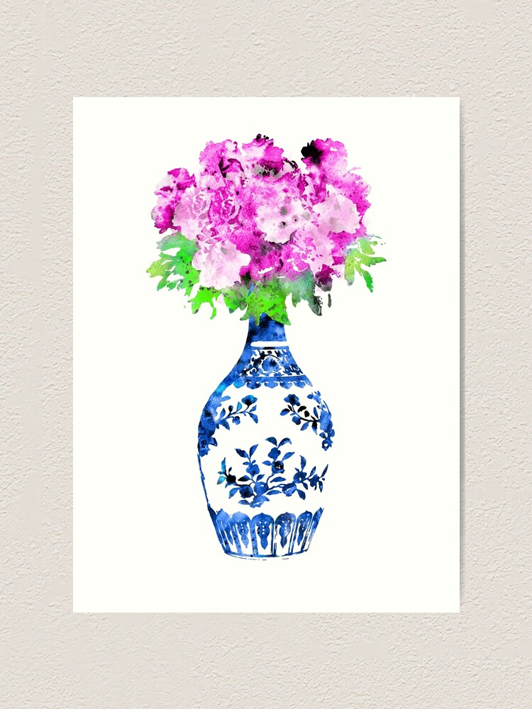 ginger jar blue and white china vase pink peony flowers p=art print