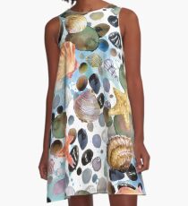 watercolor seashells and sea stones hand drawn seamless pattern. seashore background. A-Line Dress
