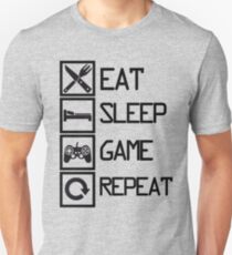 Camiseta unisex Eat Sleep Game Repeat (Blanco y negro)