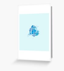 HP Hallows - blue watercolors splashes background - wand, cloak, stone Greeting Card