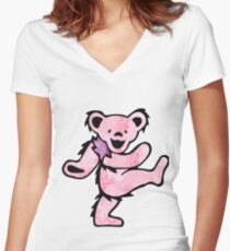Pink Watercolor Grateful Dead Bear Women's Fitted V-Neck T-Shirt
