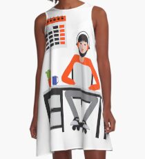 Man sitting at table and working on laptop. A-Line Dress