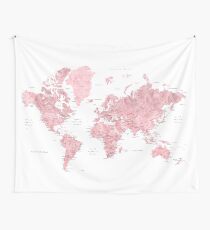 Light pink and muted pink world map with cities Tapestry
