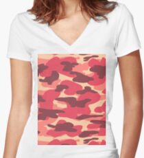 Red Camouflage Design Women's Fitted V-Neck T-Shirt