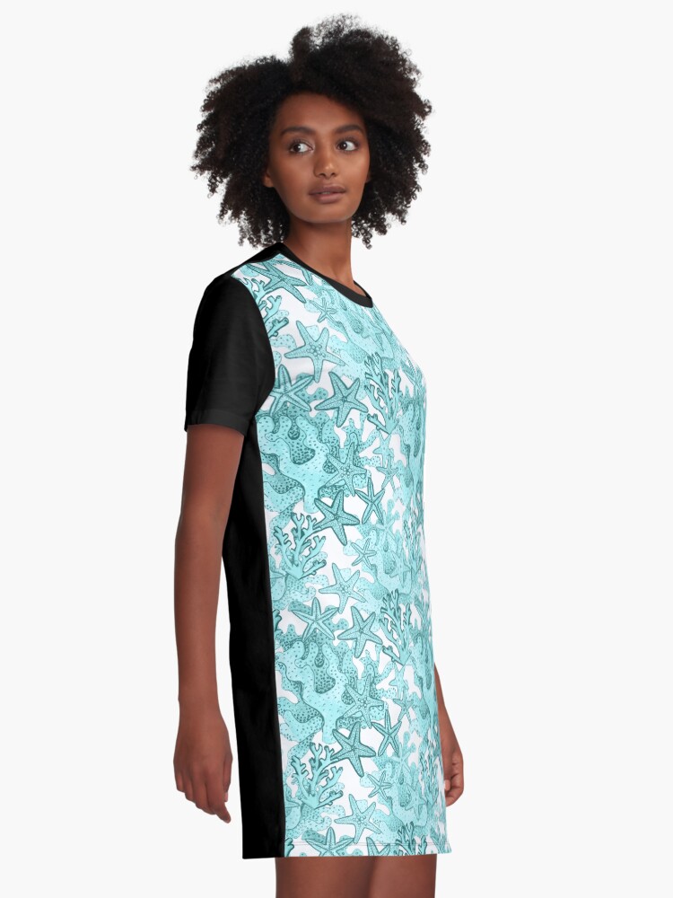 Alternate view of Starfish Watercolor Aqua coral reef ,ocean home decor Graphic T-Shirt Dress