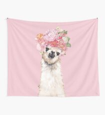 Llama with Flowers Crown in Pink Wall Tapestry