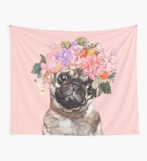 The Melancholic Pug with Flowers Crown in Pink Wall Tapestry