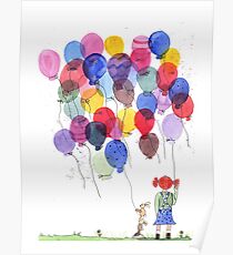 Girl with balloons whimsical watercolor illustration Poster