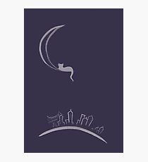 Illustration of a cat lying on the moon above New York city design in navy blue art print Photographic Print