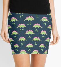 Green and Pink Stegosaurus Dinosaur on navy with leaves Mini Skirt