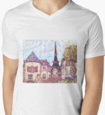 Paris Eiffel Tower inspired pointillism landscape by Kristie Hubler Men's V-Neck T-Shirt
