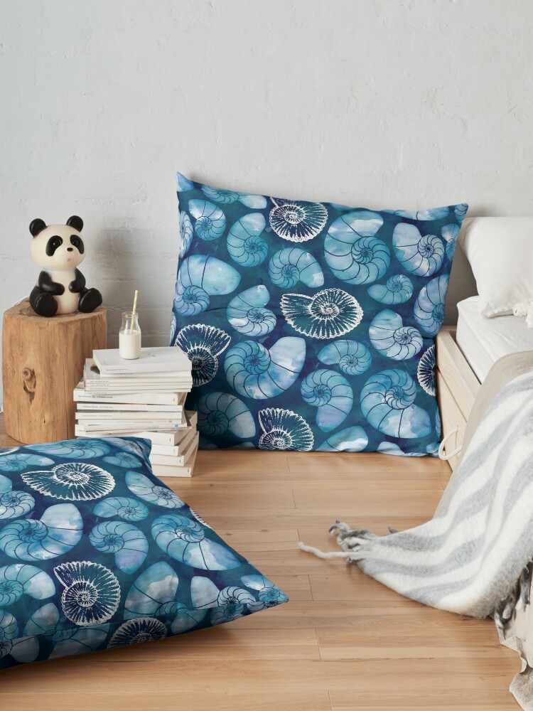 Alternate view of Nautilus fossils in sapphire blue Floor Pillow
