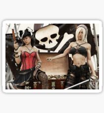 Pirate plunder. Two pirate females showing off there looted treasure of gold coins. Sticker