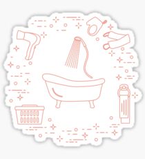 Bath, shower, dryer, washcloths, towel, basket. Sticker