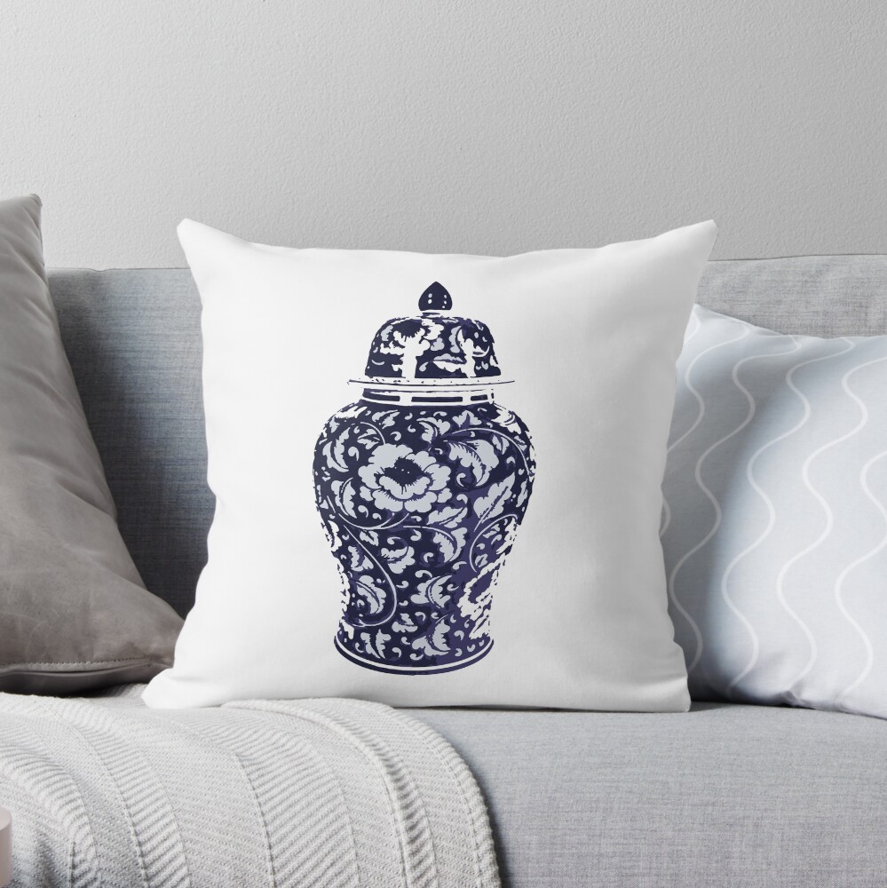 Navy Blue White Hamptons Ginger Jar Chinoiserie Vase Art Throw Pillow