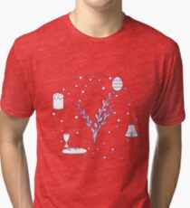 Easter cake, willow branches, bell, bowl, egg. Tri-blend T-Shirt