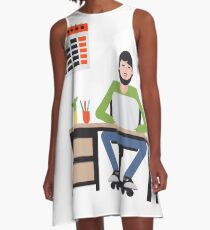 Man sitting at table and working on laptop. A-Line Dress