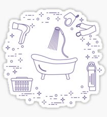 Bath, shower, dryer, washcloths, towel, basket. Sticker