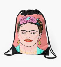 Frida Kahlo ( Coral background ) Drawstring Bag