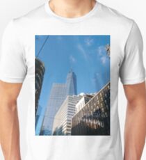 Building, Skyscraper, New York, Manhattan, Street, Pedestrians, Cars, Towers, morning, trees, subway, station Unisex T-Shirt
