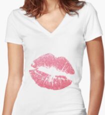 Kuss Kiss Lippenstift Kussmund Pink Shirt mit V-Ausschnitt