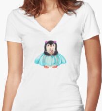 Funny cartoon penguin with cake Women's Fitted V-Neck T-Shirt