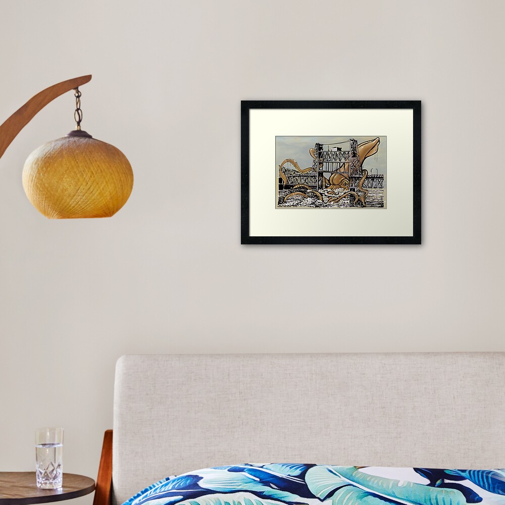 Kraken vs. The Steel Bridge Framed Art Print