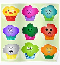 Colorful Angry Evil Cupcake Design Funny Vector Poster