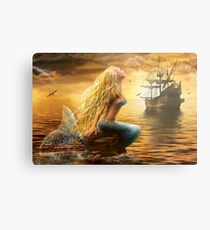 Beautiful Fantasy Sea Mermaid with Ship at Sunset background Metal Print