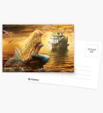 Schöne Fantasie-Meerjungfrau mit Schiff am Sonnenunterganghintergrund Postkarten