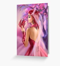 Beautiful fantasy woman queen and red dragon sakura background Greeting Card