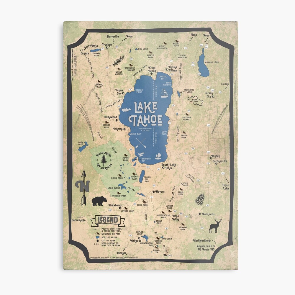 Faux Vintage Map of the Lake Tahoe Region Metal Print