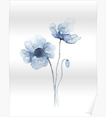 Póster Amapolas de acuarela azul