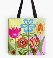 Whimsical flowers and Ladybugs Tote Bag