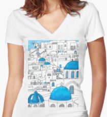 Santorini Blue and White Paradise Women's Fitted V-Neck T-Shirt