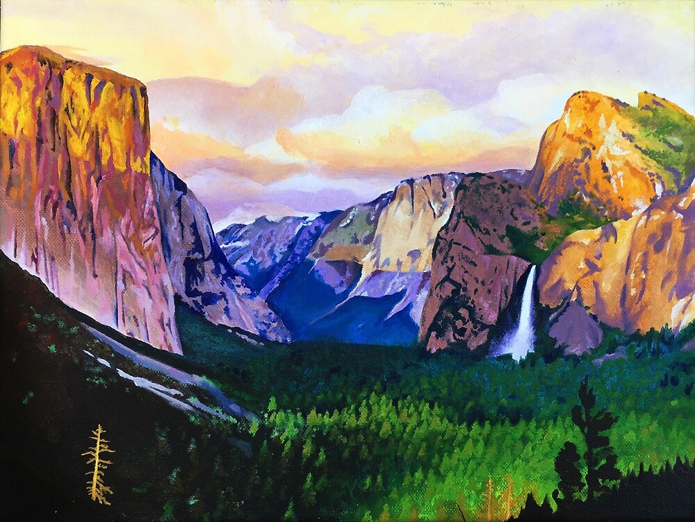 "Yosemite National Park at Sunset, Colorful Oil and Acrylic Painting