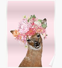 Baby Deer with Flower Crown in Pink Poster
