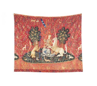 LADY AND UNICORN ,SIGHT  Red Green Fantasy Flowers,Animals Wall Tapestry