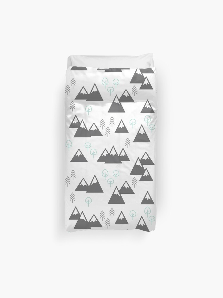 Mountains Trees Mint Gray Charcoal On White Duvet Cover By