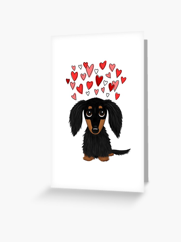 Black And Tan Longhaired Dachshund With Hearts Greeting Card By