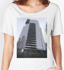 Tower block, High-rise building, Happiness, Building, Skyscraper, New York, Manhattan, Street, Pedestrians, Cars, Towers, morning, trees, subway, station, Spring, flowers, Brooklyn Women's Relaxed Fit T-Shirt