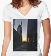 Tower block, High-rise building, Happiness, Building, Skyscraper, New York, Manhattan, Street, Pedestrians, Cars, Towers, morning, trees, subway, station, Spring, flowers, Brooklyn Women's Fitted V-Neck T-Shirt