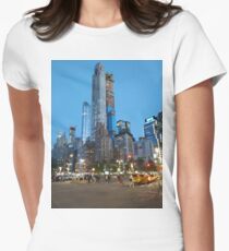 Metropolitan area, Happiness, Building, Skyscraper, New York, Manhattan, Street, Pedestrians, Cars, Towers, morning, trees, subway, station, Spring, flowers, Brooklyn Women's Fitted T-Shirt